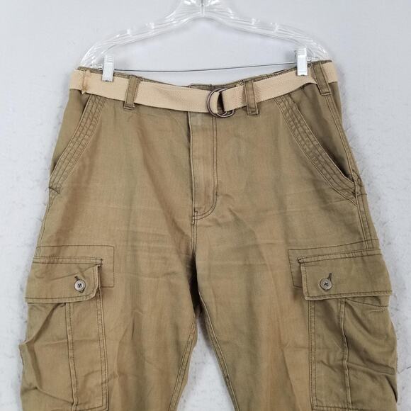Wear First Cargo Pants Mens 34x30 Khaki Casual Cotton Utility Pockets Belted - Picture 2 of 13